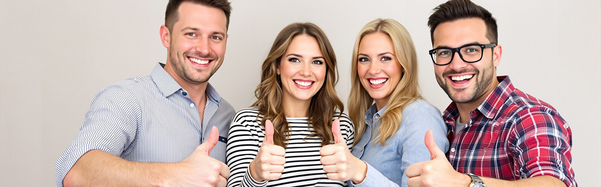 Vier eng beieinander stehende Personen, die lächeln und den Daumen nach oben strecken, vor einem schlichten Hintergrund.